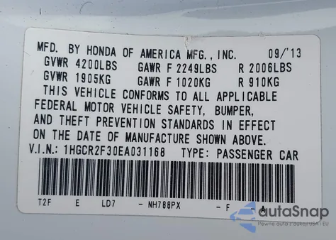 2014 Honda Accord Lx из США, поврежденный, VIN 1HGCR2F30EA031168
